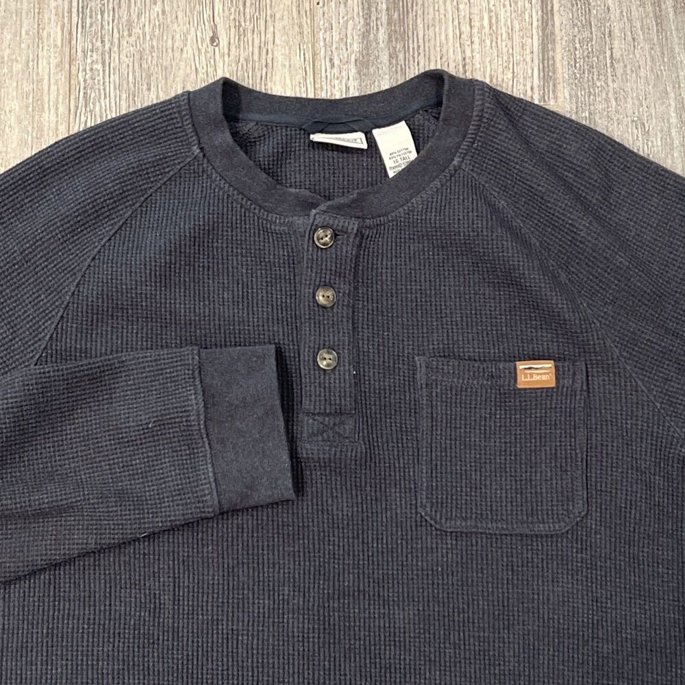L.L. Bean Shirt Mens LG-Tall Black Waffle Thermal Henley Long Sleeve Pocket Knit - Picture 2 of 14